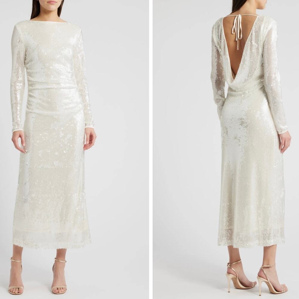 NWT WAYF Ivory Kieran Sequin Cowl Back Long Sleeve Cocktail Midi Dress Size L